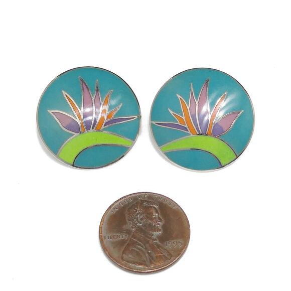 Vintage Laurel Burch Bird of Paradise Post Earrings, Silver Tone Cloisonné - Picture 8 of 10